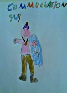 A picture of a super hero drawn by my then-7-year-old. Explanation about him is in the interview text.