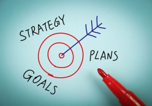 A drawing of a target with an arrow in the middle with the words strategy, plans and goals written round the outside