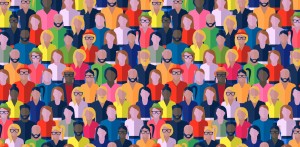 Drawing of lots of people of different shapes, colours etc to indicate a group of people together
