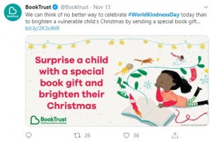 Image of a Book Trust tweet encouraging people to donate a book gift to brighten a child's Christmas