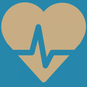 Illustration of a grey heart shape on a blue background with a jagged pulse line across it