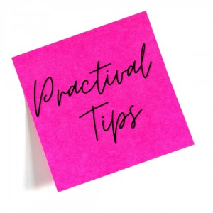 A pink post-it with the words practical tips written on it