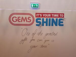 A board that says 'Gems It's your time to shine - one of the greatest gifts you can give is your time'